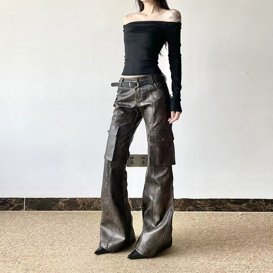 Women's sustainable leather personalized ribbon slim fit motorcycle black flared pantscasual trendy trousers eco-friendly trouser K3 - YZ Lether