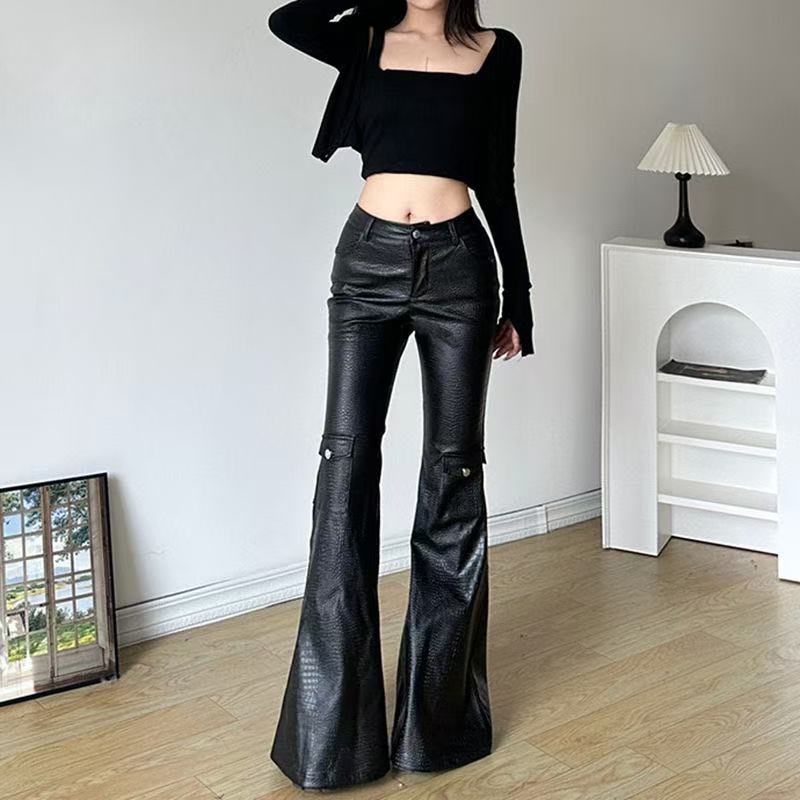 Women's sustainable leather personalized ribbon slim fit motorcycle black flared pantscasual trendy trousers eco-friendly trouser K2 - YZ Lether