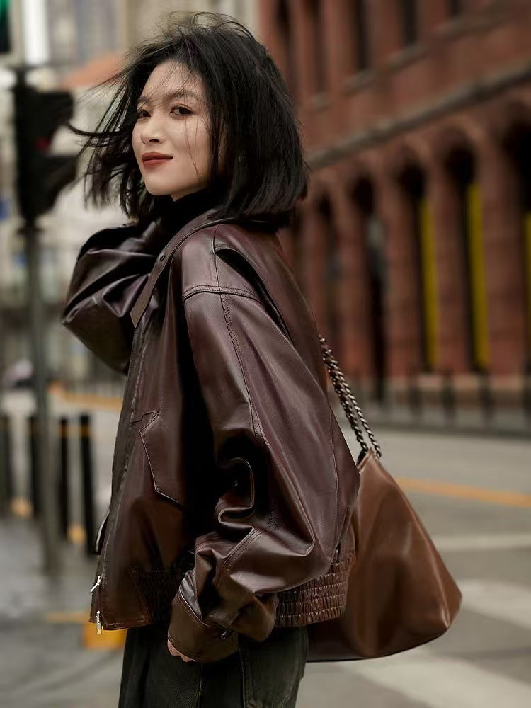 Women's sheep leather dark-brown jacket coat classic spring-automn women's motorcycle top - YZ Lether