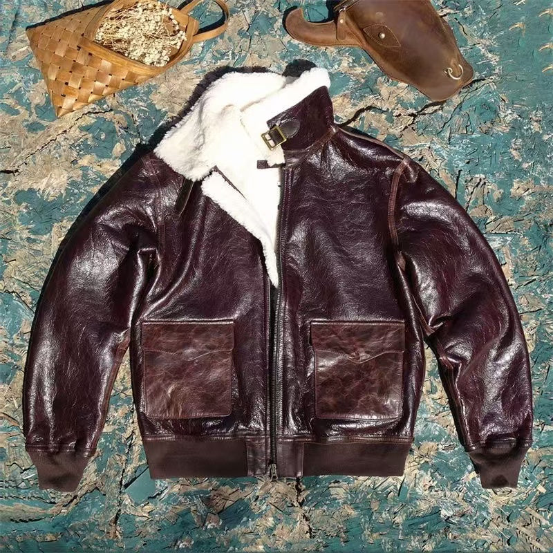 Men's sheep burgundy red leather A2 flight coat padded leather jacket winter men's top - YZ Lether