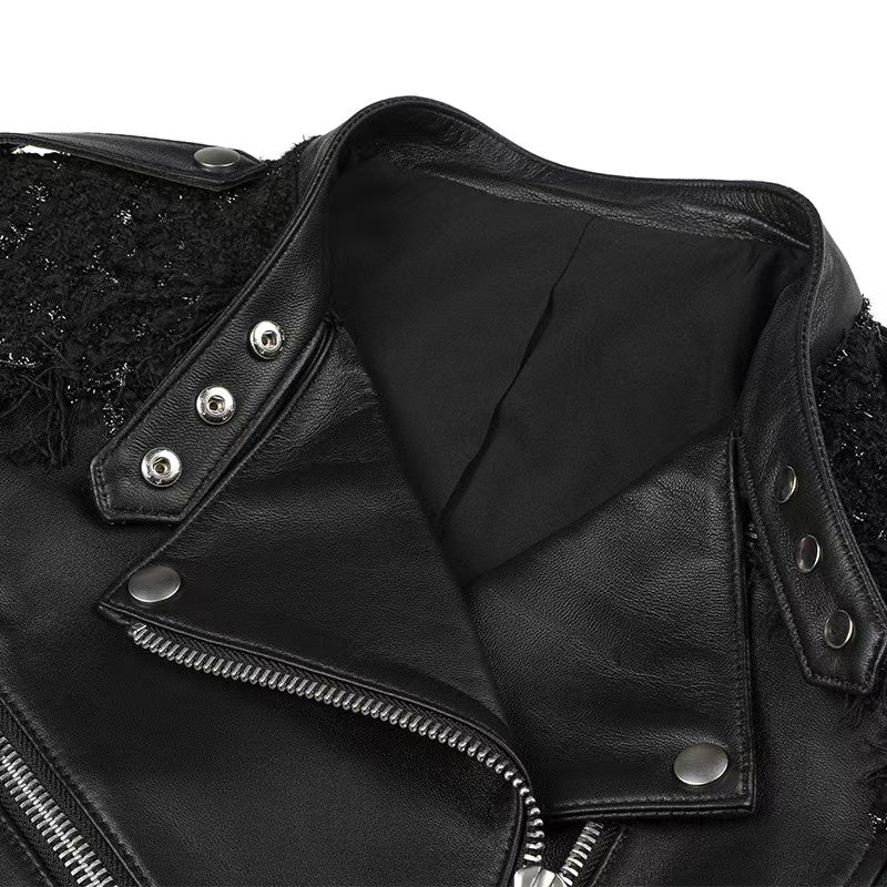 Women's sheep leather black flight jacket coat fabric splicing classic spring-automn women's motorcycle top - YZ Lether