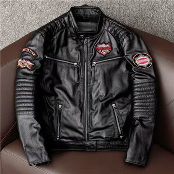 Men's sheep leather flight black indian style motorcycle coat classic winter warm men's jacket A6 - YZ Lether