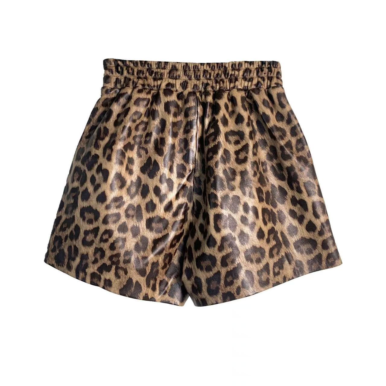Women's sheep leather leopard print short pants trousers chill spring-automn comfortable pants - YZ Lether