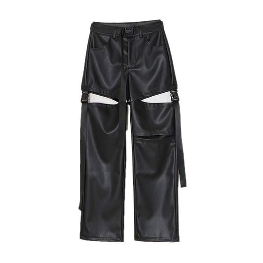 Women's sustainable leather ripped personalized ribbon slim fit motorcycle black flared pantscasual trendy trousers eco-friendly trouser K5 - YZ Lether