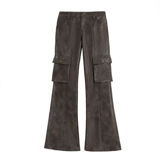 Women's sustainable leather personalized ribbon slim fit motorcycle black flared pantscasual trendy trousers eco-friendly trouser K3 - YZ Lether