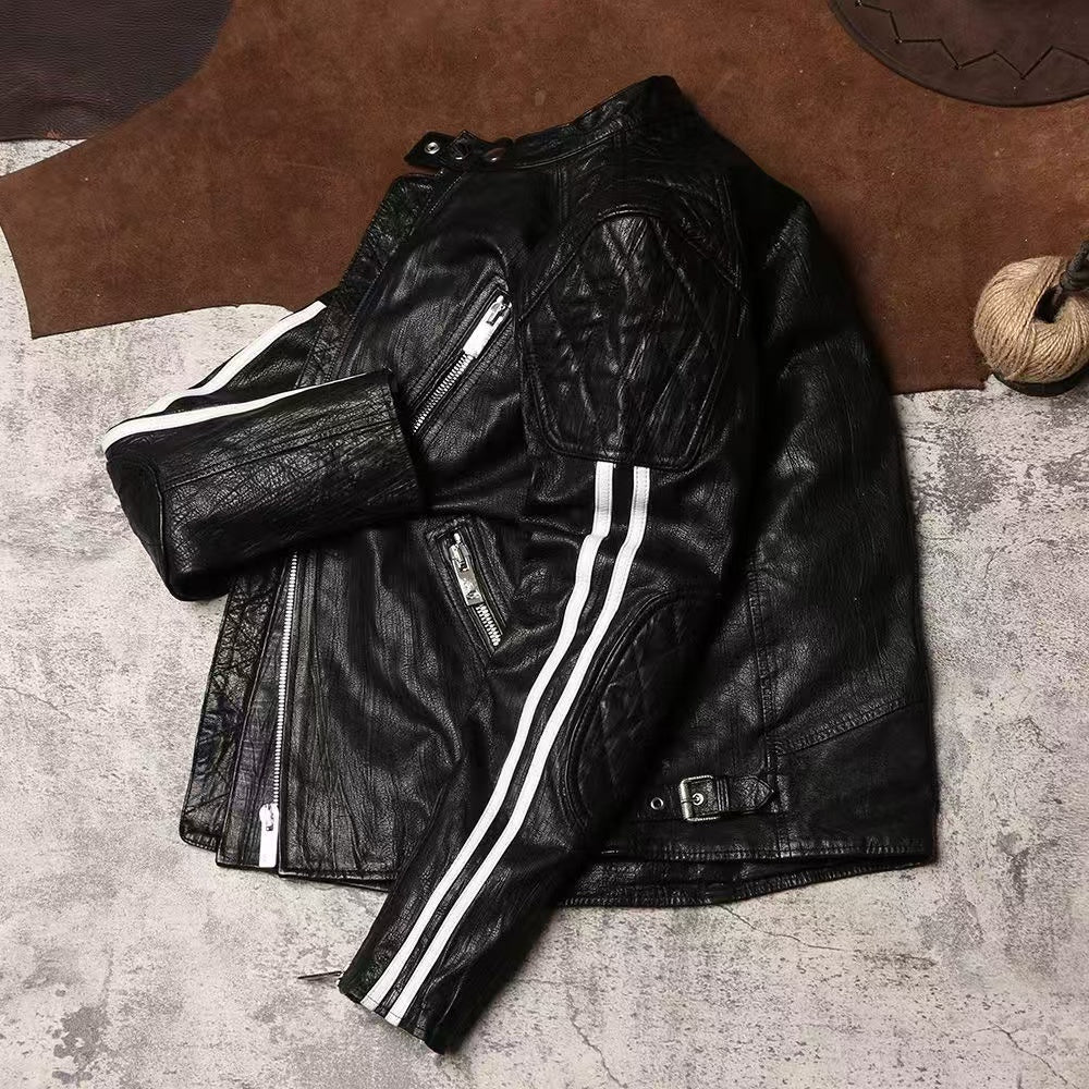 Men's sheep leather jacket classic spring-automn men's motorcycle cool coat top - YZ Lether