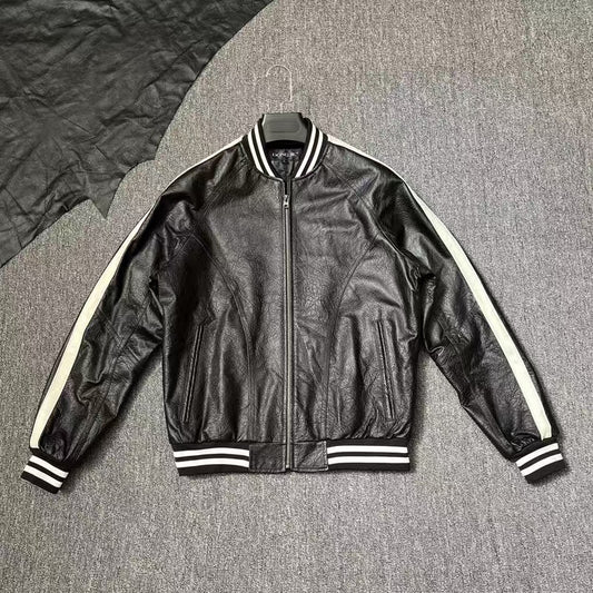Men's cow leather jacket classic all seasons men's motorcycle cool coat top - YZ Lether