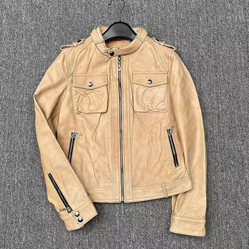 Women's sheep leather beige coat classic motorcycle spring-automn women's cool top - YZ Lether