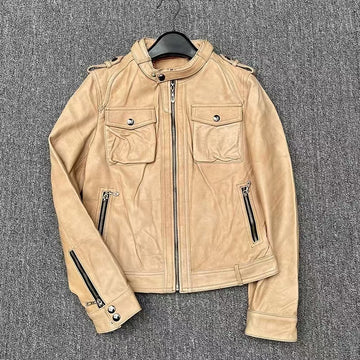 Women's sheep leather beige coat classic motorcycle spring-automn women's cool top - YZ Lether