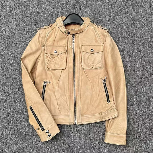Women's sheep leather beige coat classic motorcycle spring-automn women's cool top - YZ Lether