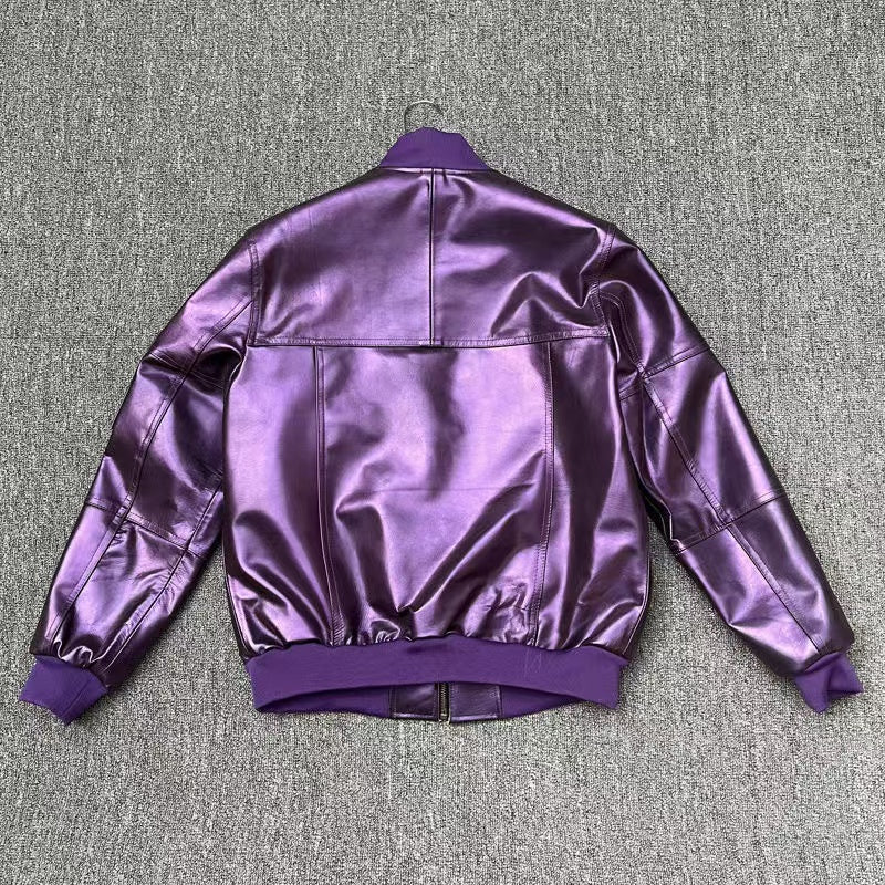 Men's sheep purple leather embroidery baseball coat Patent leather jacket men's top - YZ Lether