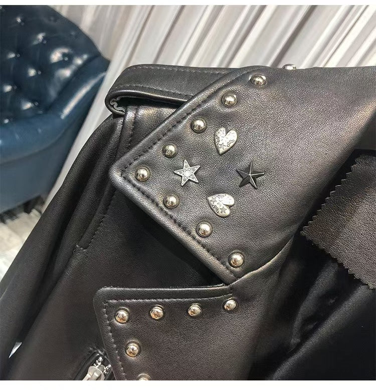 Women's sheep leather Rivet motorcycle style spring-automn women's cool top - YZ Lether