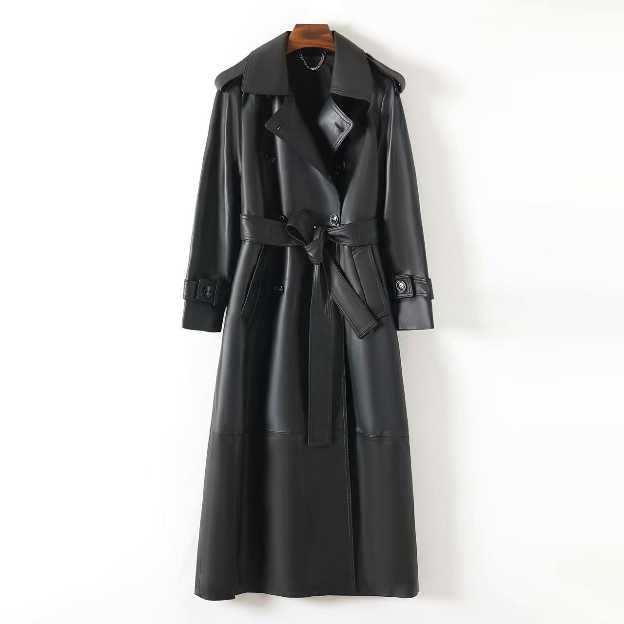 Women's sheep leather black long trench coat classic spring-automn women's casual long cool top 2 - YZ Lether