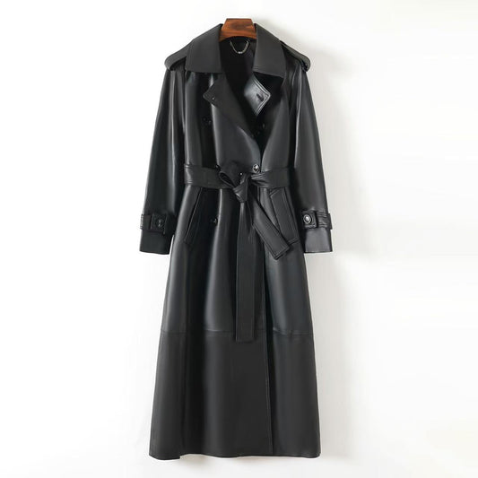 Women's sheep leather black long trench coat classic spring-automn women's casual long cool top 2 - YZ Lether