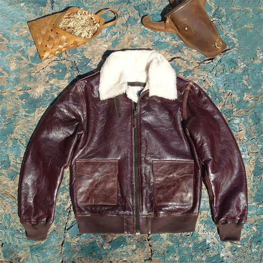 Men's sheep burgundy red leather A2 flight coat padded leather jacket winter men's top - YZ Lether