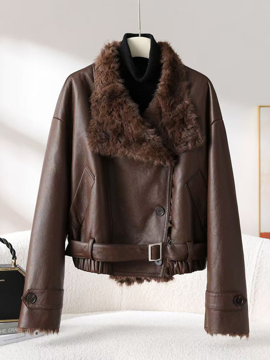 Women's sheep brown leather coat padded leather jacket winter women's top - YZ Lether