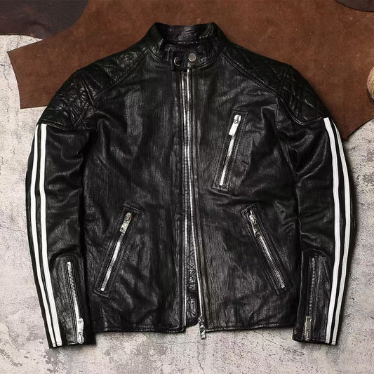 Men's sheep leather jacket classic spring-automn men's motorcycle cool coat top - YZ Lether