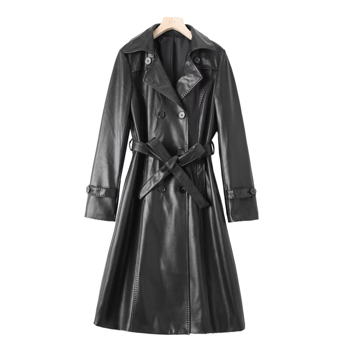 Women's sheep leather black long trench coat classic spring-automn women's casual long top - YZ Lether