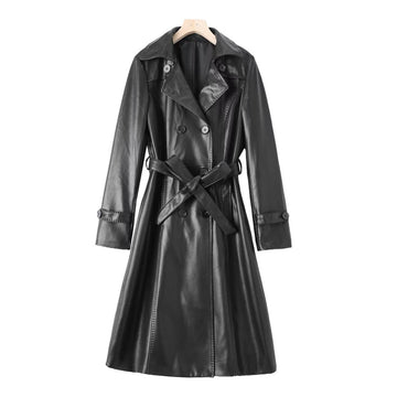 Women's sheep leather black long trench coat classic spring-automn women's casual long top - YZ Lether