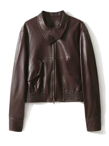 Women's sheep leather dark-brown jacket coat classic spring-automn women's motorcycle top - YZ Lether