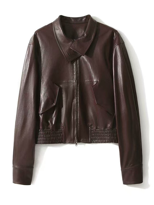 Women's sheep leather dark-brown jacket coat classic spring-automn women's motorcycle top - YZ Lether