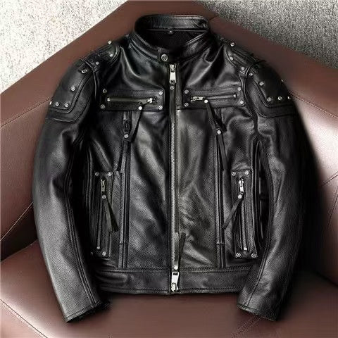Men's sheep leather flight black motorcycle coat classic winter warm men's jacket - YZ Lether