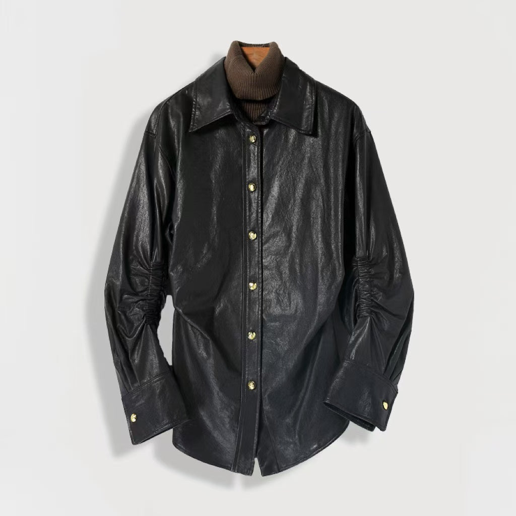 Woman's sheep leather pleated distressed design shirts blouse inner layer classic casual women's top - YZ Lether