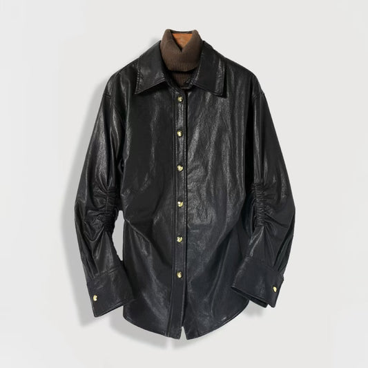 Woman's sheep leather pleated distressed design shirts blouse inner layer classic casual women's top - YZ Lether