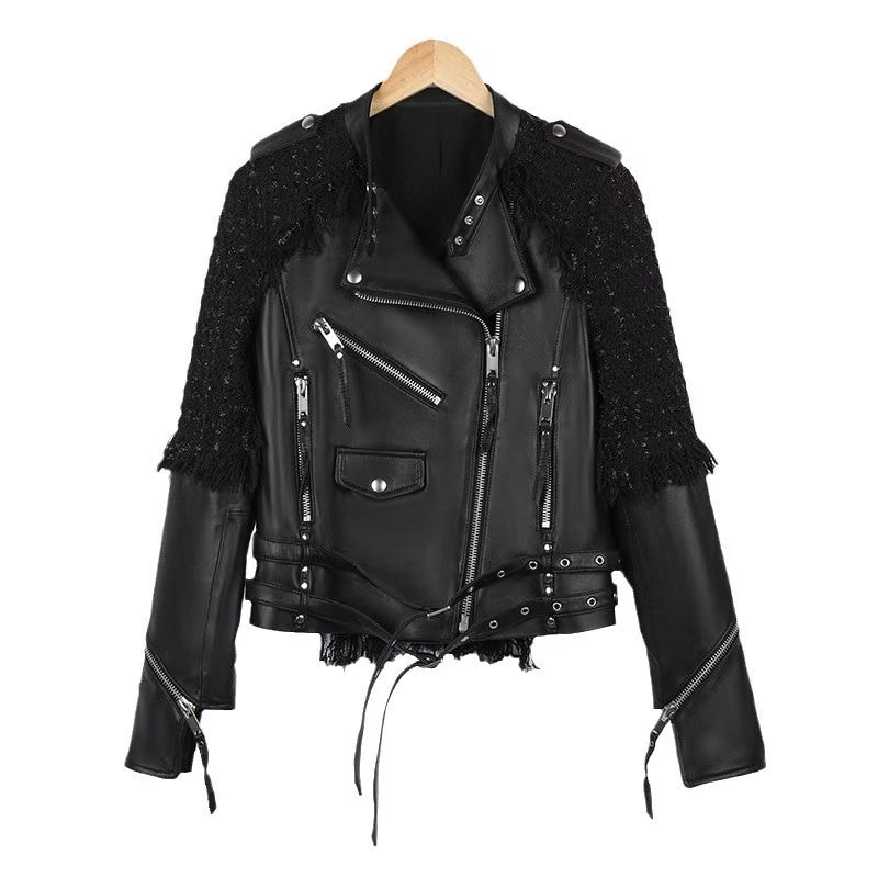 Women's sheep leather black flight jacket coat fabric splicing classic spring-automn women's motorcycle top - YZ Lether