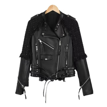 Women's sheep leather black flight jacket coat fabric splicing classic spring-automn women's motorcycle top - YZ Lether