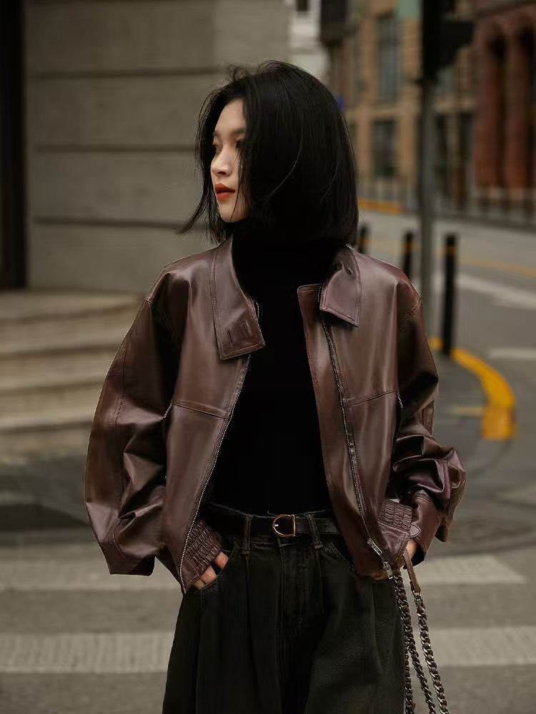 Women's sheep leather dark-brown jacket coat classic spring-automn women's motorcycle top - YZ Lether