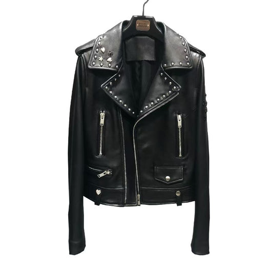 Women's sheep leather Rivet motorcycle style spring-automn women's cool top - YZ Lether