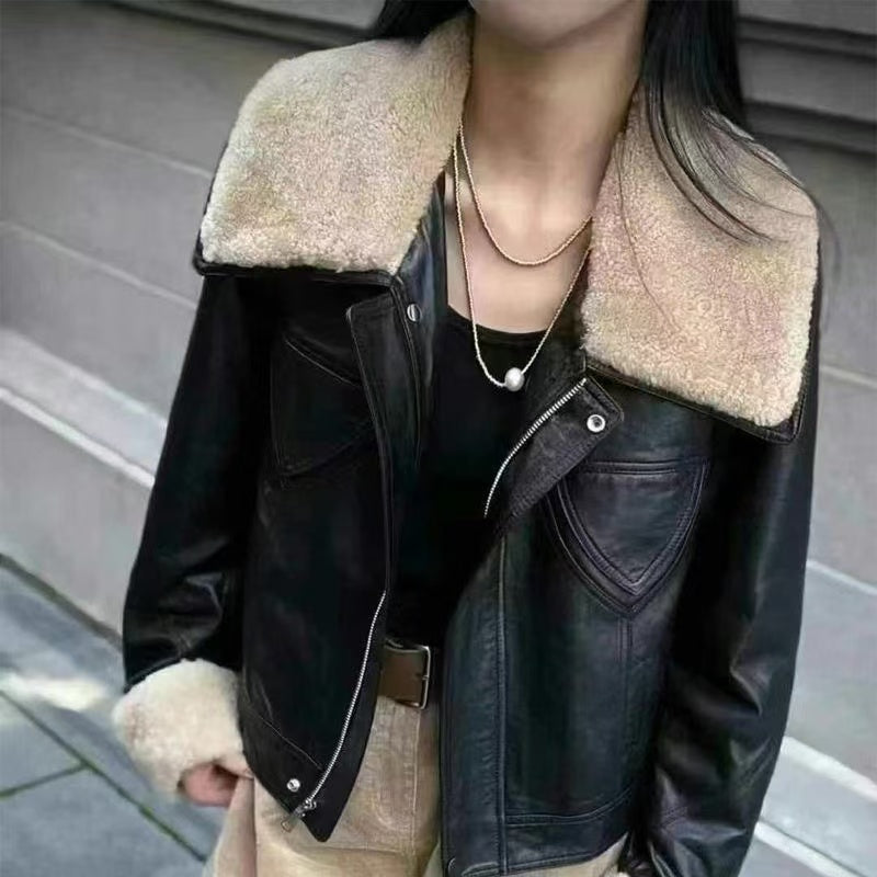 Women's cow leather coat wool collar padded biker coat coat classic motorcycle winter women's cool top - YZ Lether