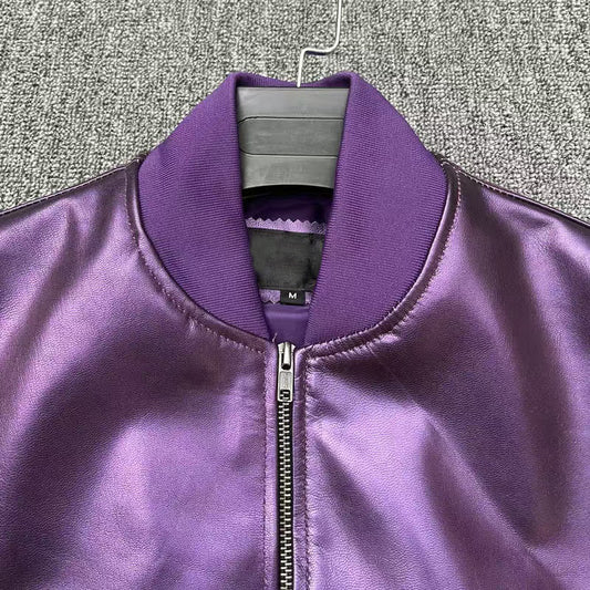 Men's sheep purple leather embroidery baseball coat Patent leather jacket men's top - YZ Lether