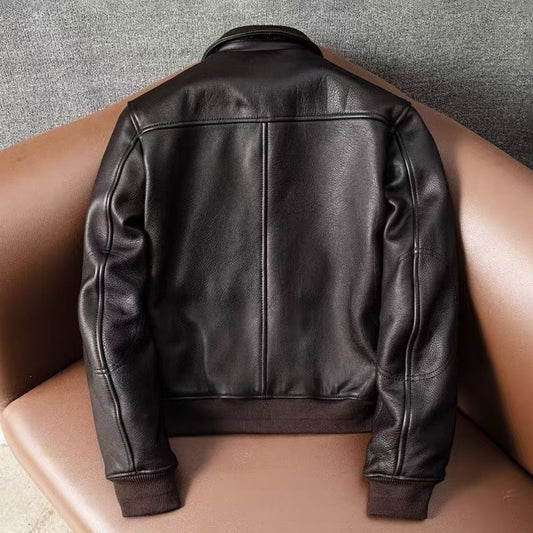 Men's cow leather flight black motorcycle coat classic winter warm men's jacket A5 - YZ Lether