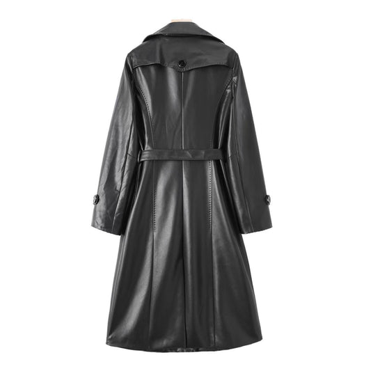 Women's sheep leather black long trench coat classic spring-automn women's casual long top - YZ Lether