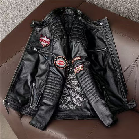 Men's sheep leather flight black indian style motorcycle coat classic winter warm men's jacket A6 - YZ Lether
