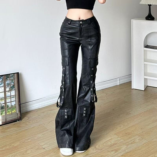 Women's sustainable leather personalized ribbon slim fit motorcycle black flared pantscasual trendy trousers eco-friendly trouser - YZ Lether
