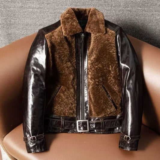 Men's sheep leather flight black motorcycle coat classic winter warm men's jacket - YZ Lether