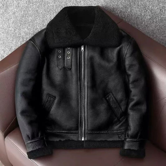 Men's sheep leather flight black motorcycle coat classic winter warm men's jacket - YZ Lether