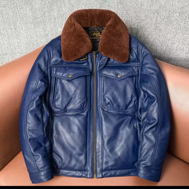 Men's sheep leather flight blue motorcycle coat classic winter warm men's jacket A2 - YZ Lether
