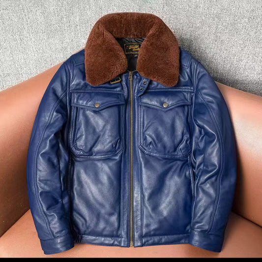 Men's sheep leather flight blue motorcycle coat classic winter warm men's jacket A2 - YZ Lether