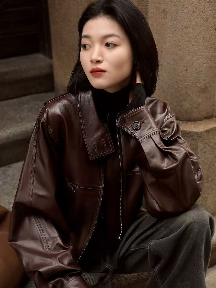 Women's sheep leather dark-brown jacket coat classic spring-automn women's motorcycle top - YZ Lether