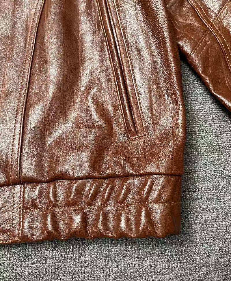 Men's sheep leather texture fancy cool style spring-automn-winter men'brown top - YZ Lether