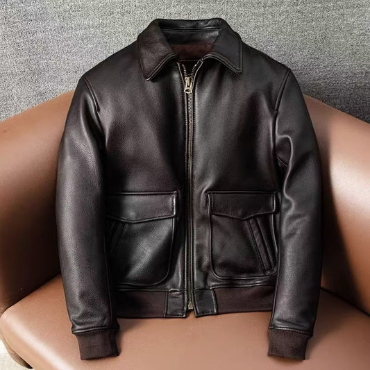 Men's cow leather flight black motorcycle coat classic winter warm men's jacket A5 - YZ Lether