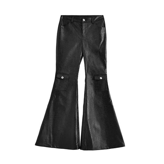 Women's sustainable leather personalized ribbon slim fit motorcycle black flared pantscasual trendy trousers eco-friendly trouser K2 - YZ Lether