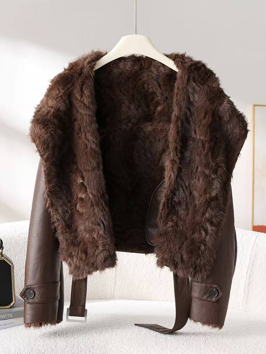 Women's sheep brown leather coat padded leather jacket winter women's top - YZ Lether