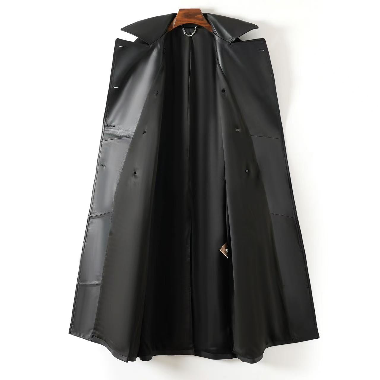 Women's sheep leather black long trench coat classic spring-automn women's casual long cool top 2 - YZ Lether