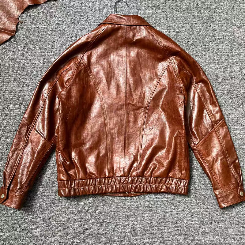 Men's sheep leather texture fancy cool style spring-automn-winter men'brown top - YZ Lether