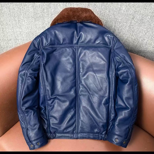 Men's sheep leather flight blue motorcycle coat classic winter warm men's jacket A2 - YZ Lether